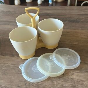 7 Pc Set Tupperware Condiment Caddy 757-1 Yellow Base cream  Cups with Lid